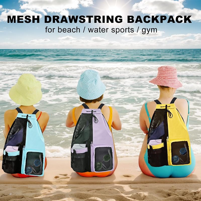 Lifwimner Mesh Beach Backpack with Wet Pocket - Drawstring Pool Bag, Waterproof Gym Bag – Mint Blue