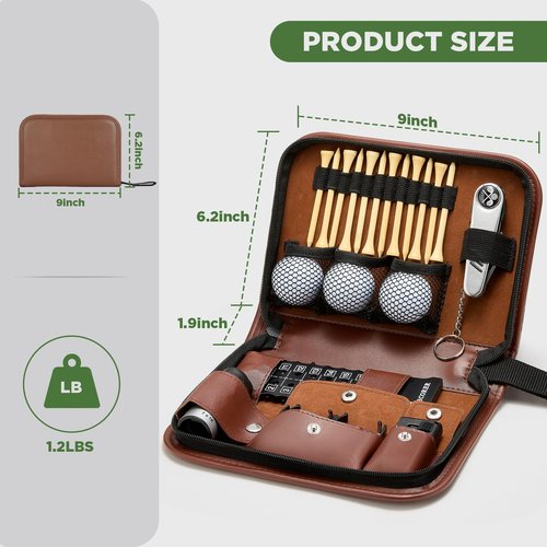 SANLINZOM Golf Accessories for Men and Women for Golfers, Accessories Set in Hi-End PU Case with Golf Balls, HD Rangefinder, Golf Tees, Cleaning Brush, Divot Knife, Scorer, Golf Ball Clamp (Brown)