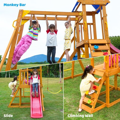 Suniboxi Swing-Sets with Monkey Bars for Backyard, Wooden Playground Set for Kids Ages 3-8, Outdoor Playset with Wave Slide, Play Deck, Rock Wall Ladder, Belt Swings & Canopy for Toddlers to Big Kids