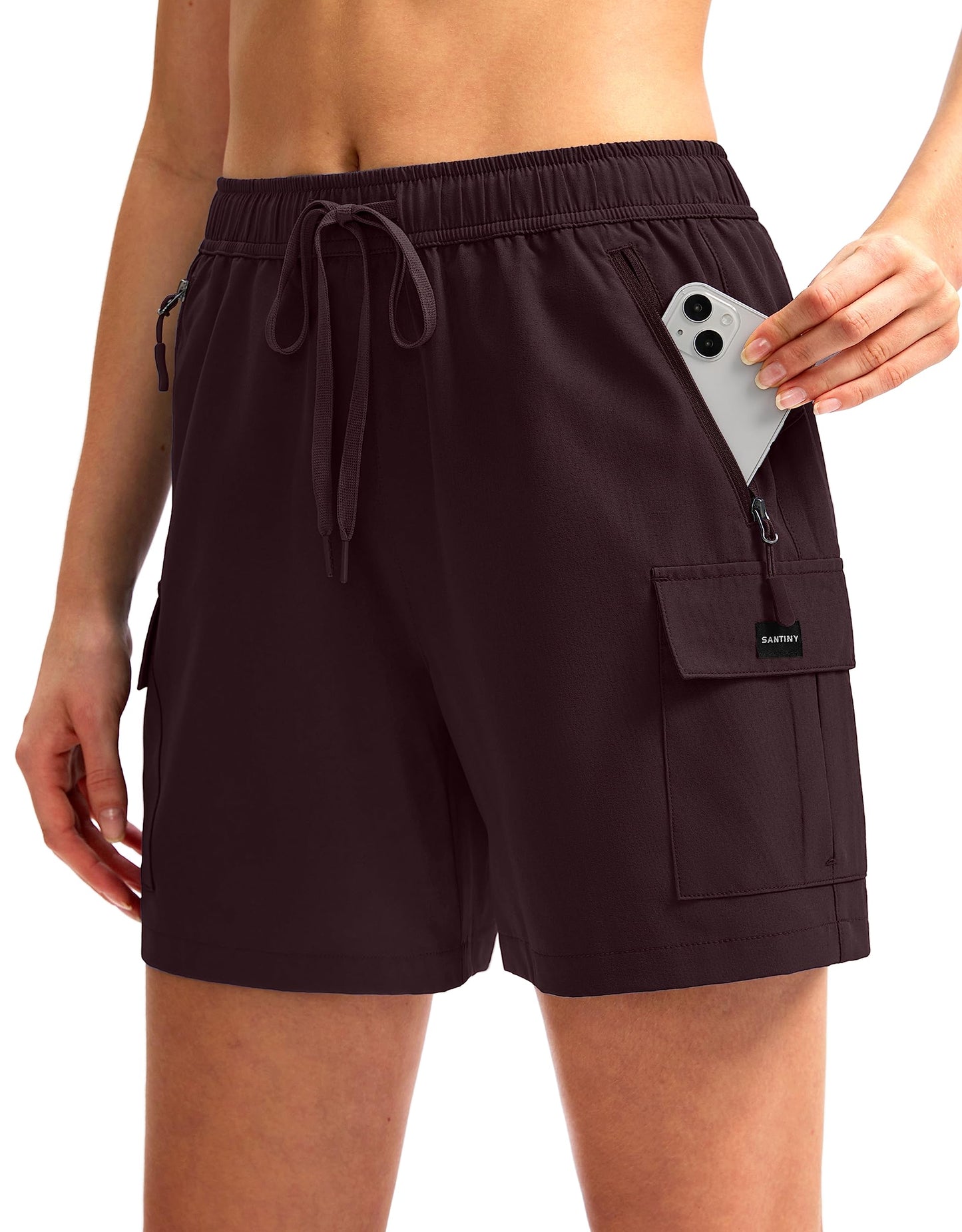 SANTINY Women's 5''/ 7''/9'' Hiking Cargo Shorts Quick Dry Lightweight Summer Shorts for Women Athletic Golf Zipper Pockets(Wine_XXL)