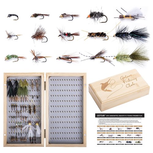 Goture Fly Fishing Flies Kit, 54pcs Dry Wet Flies Streamers Nymphs with Wooden Fly Box, Bass Trout Steelhead Salmon Lures Set Assortment Kit, Gifts for Men