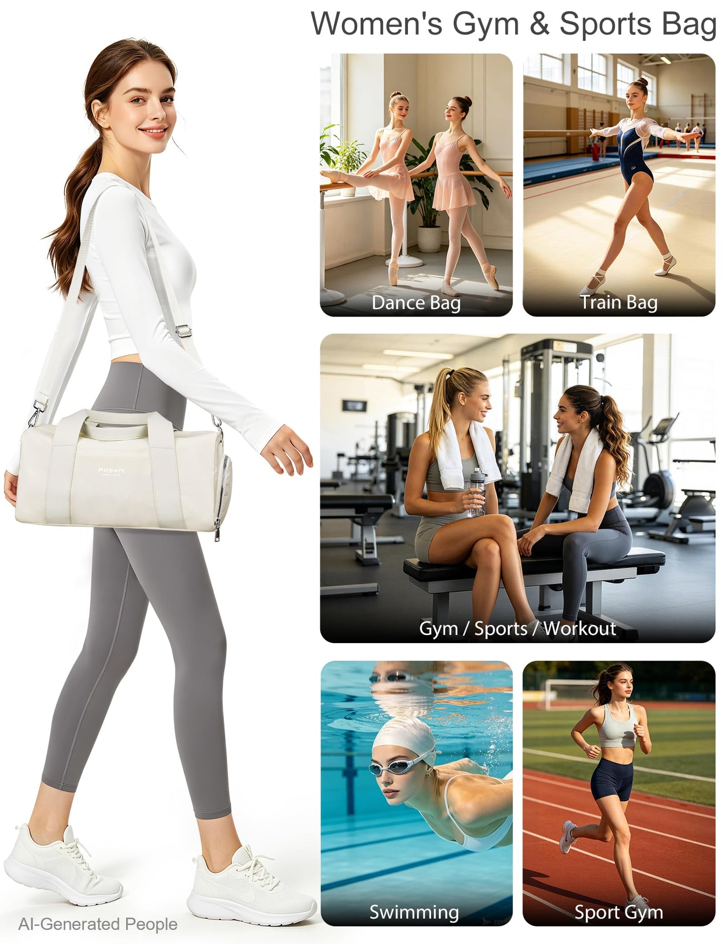 Sports Small Gym Bag for Women, Cute Mini Duffle Bag with Wet Pocket & Shoes Compartment, Personal Item Travel Workout Bag, 16"-Small, Beige