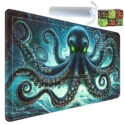 Yuxcfhjfe for MTG Playmat, Card Playmat with Zones-Includes A Storage Bag and 6 Dice, 24 x 14 inches for TCG Playmat with Non-Slip Rubber, for MTG Mat, Giant Octopus of The Deep Sea
