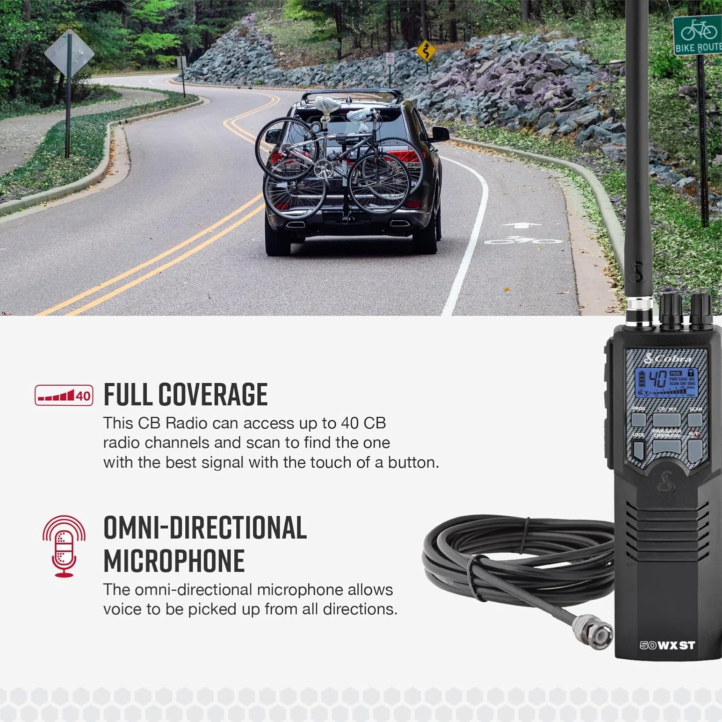 Cobra HHRT50 Road Trip CB Radio - 2-Way Handheld Emergency Radio with Access to Full 40 Channels & NOAA Alerts, Rooftop Magnet Mount Antenna and Omni-Directional Microphone, Black, 6.3" x 2" x 1.75"