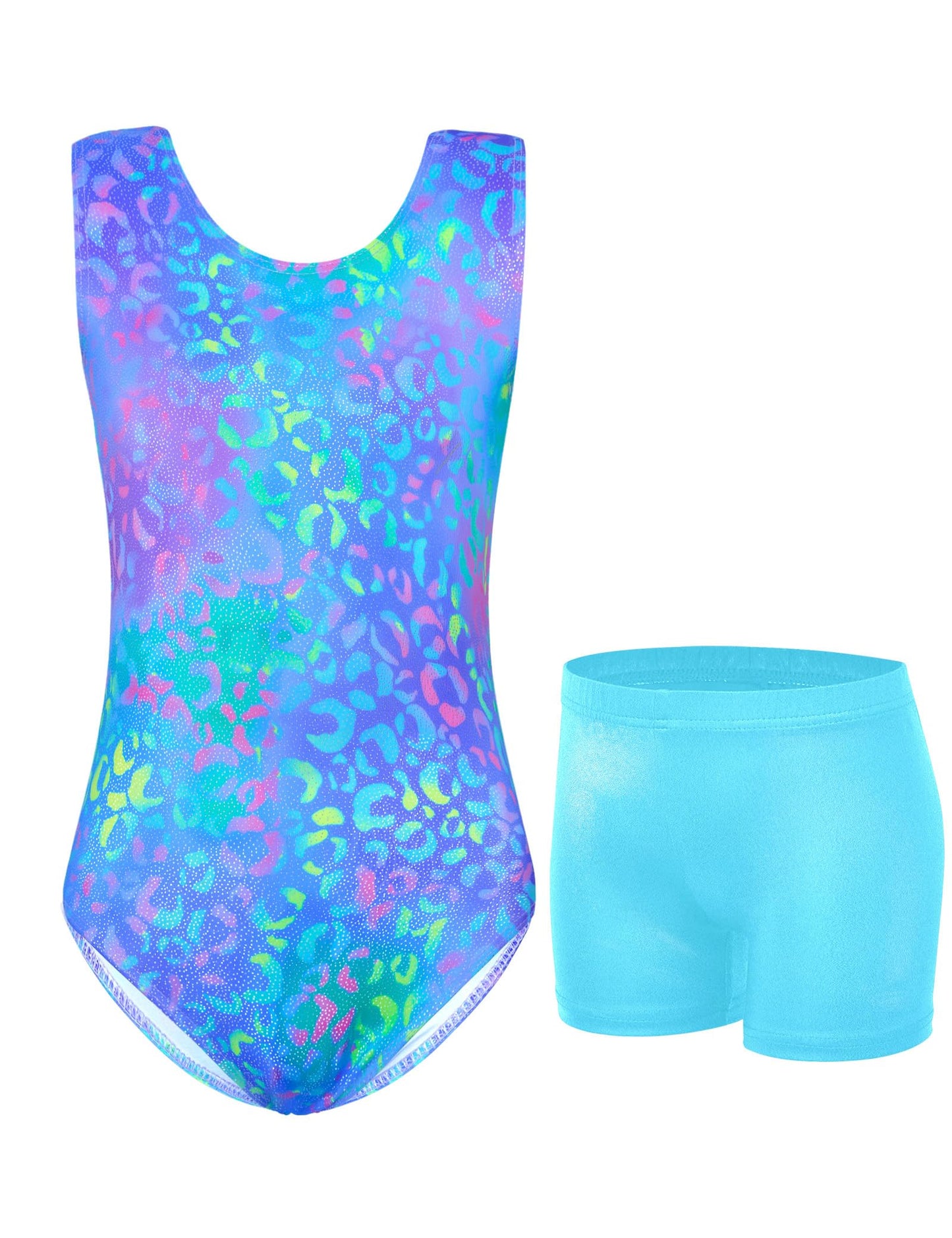 Jinhiteam Girls Leotards for Gymnastics 5-6 Years Old Shiny Blue Leopard Sleeveless Tank Bodysuits with Shorts Kids Gym Leos