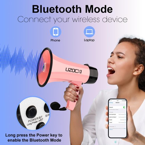 UZOCHI 20w Megaphone Bullhorn with Siren, Recording, Bluetooth Input, Voice Changer for Kids with 6 Sound Effect, Loud Speaker for Teacher, Cheerleading