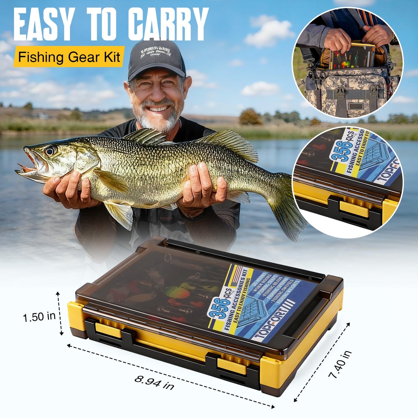TOPFORT 356PCS Abundant Fishing Accessories Kit with Double-Side Fishing Tackle Box, Fish Gear and Equipment Include Fishing Hooks Jig Head Fishing Weights Sinkers for Trout Bass Crappie