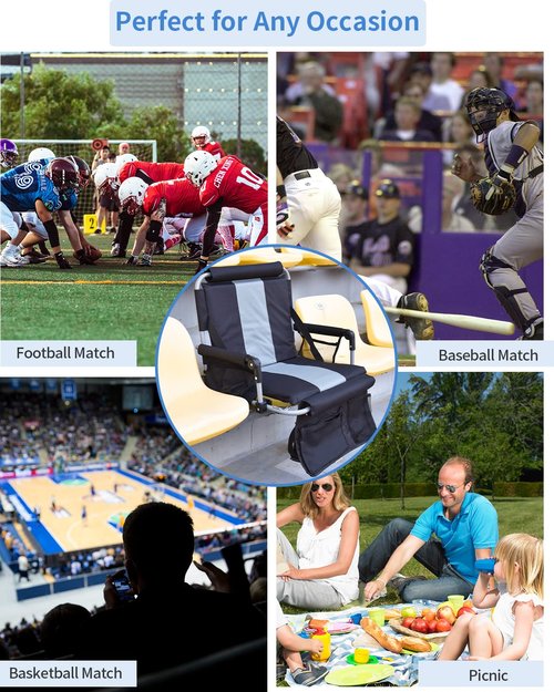 AOOXIMI Stadium Seats with Back Support, Folding Bleacher Seat with Cup Holders, Mesh Bags and Hide Hooks, Portable Wide Bleacher Chairs with Back and Cushion, Perfect for Sports Events and Concerts