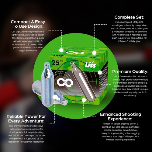 Liss 12 Gram CO2 Cartridges – 25 Pack Non Threaded Snug Fit for Airguns Air Pistols Rifles Airsoft BB & Pellet Guns Paintball Markers & Accessories