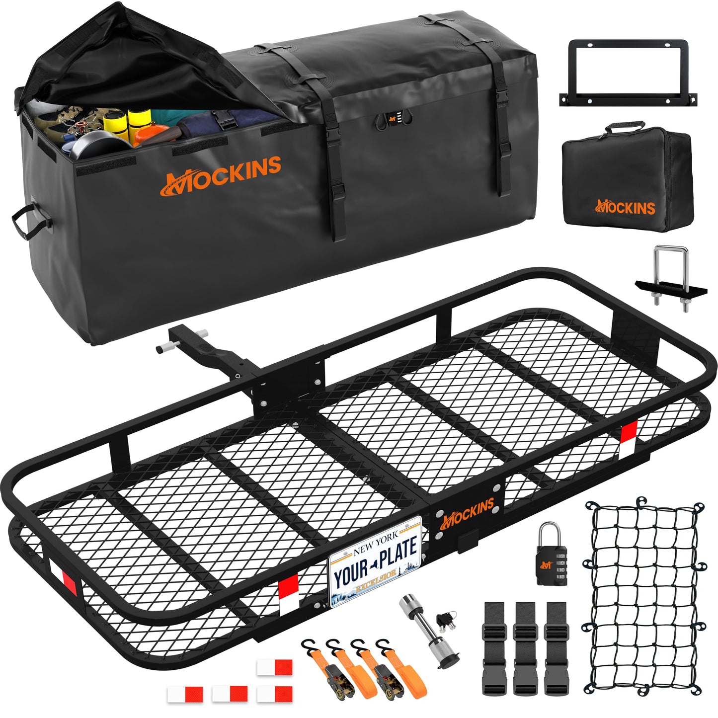 Mockins Folding Luggage Rack for SUV Car Truck ATV & More | 500 Lb. Capacity 6" Raised Shank Steel Trailer Hitch Cargo Carrier 48"x20"x6" w/ 15 Cu Ft Waterproof Cargo Bag & Accessories