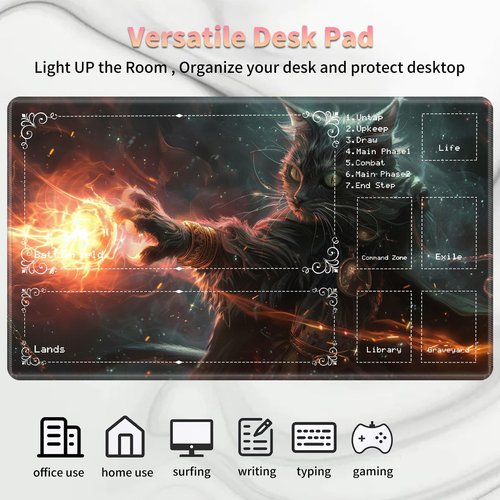 Playmat for MTG with Zones (2 Pack), Card Game Mat Non-Slip Rubber Base and Stitched, 24 x 14 inch TCG Play Mat for MTG and Other Card Games, Magic Cat