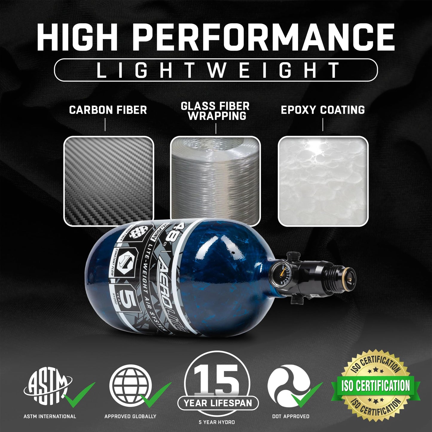 HK Army Aerolite Aerolite Air System - 48ci/4500psi Lightweight Carbon Fiber Tank with 800psi Regulator for Paintball & Airsoft Gear - Blue