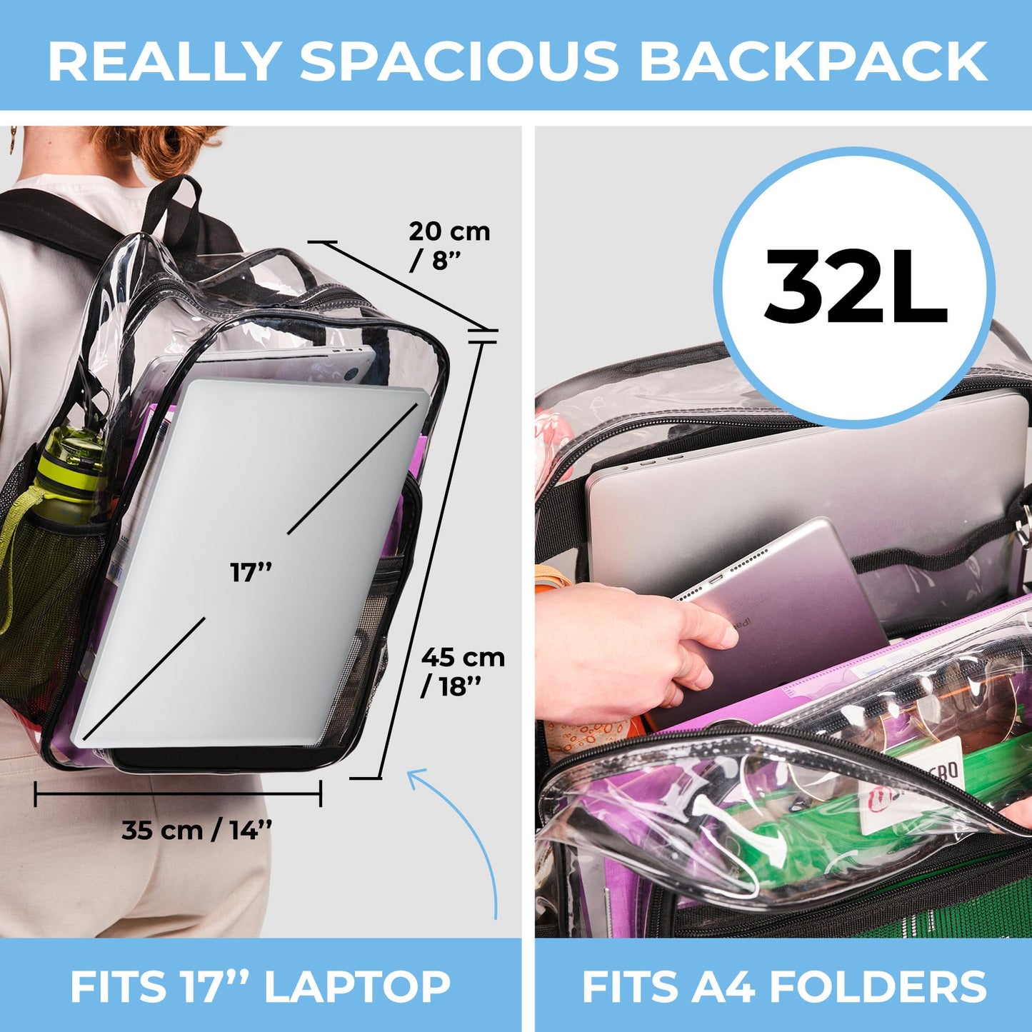 SHYLERO Clear Backpack Heavy Duty has TSA Lock, 2-WAY Zipper. PVC Transparent Backpack X-Large - H18''xW14''xD8 - Black