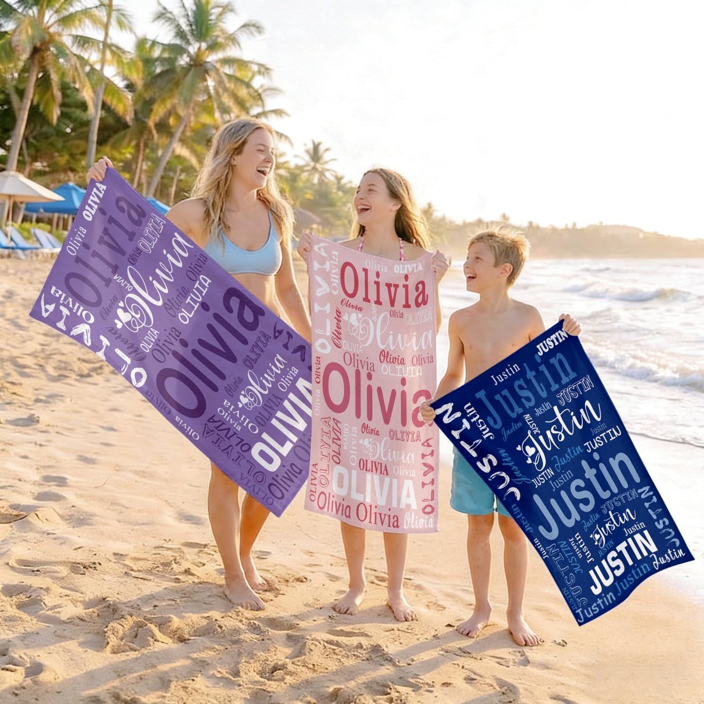 EVER2000 Personalized Beach Towels for Kids Custom Sand Free Beach Towel with Names Quick Dry Microfiber Pool Towels for Girls Boys Summer Beach Easter Gifts for Kids Teens