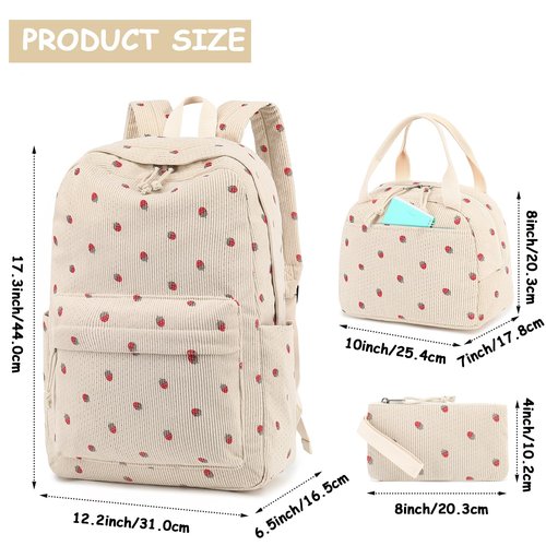 Bluboon School Backpack Teens Girls Boys Kids School Book Bags with Lunch Box Pencil Bag (Corduroy-Strawberry)