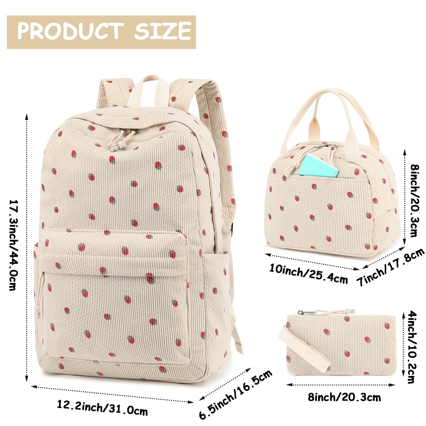 Bluboon School Backpack Teens Girls Boys Kids School Book Bags with Lunch Box Pencil Bag (Corduroy-Strawberry)