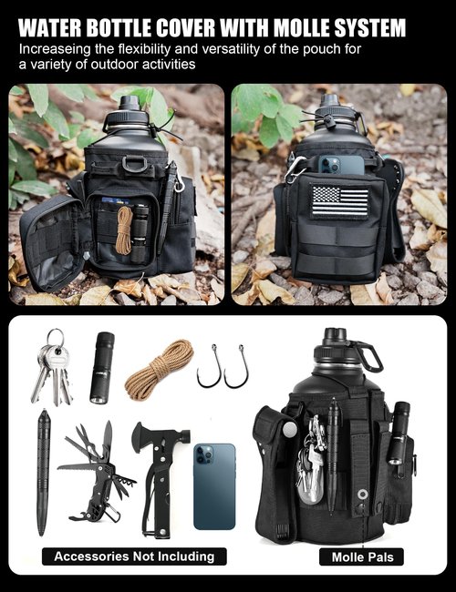 banloga Tactical Half Gallon Water Bottle with Straw, 64 oz Insulated Water Jug with Molle Sleeve, Stainless Steel Sport Battle Bottle with 3 BPA Free Lids for Gym Workout Hiking (Black)