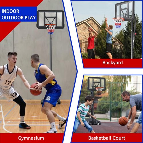 Portable Basketball Hoop Outdoor, Adjustable Height 5.5-10FT Basketball Goal with Heavy-Duty Steel Frame & Wheels, 44 Inch Backboard Basketball System for Driveway, Backyard