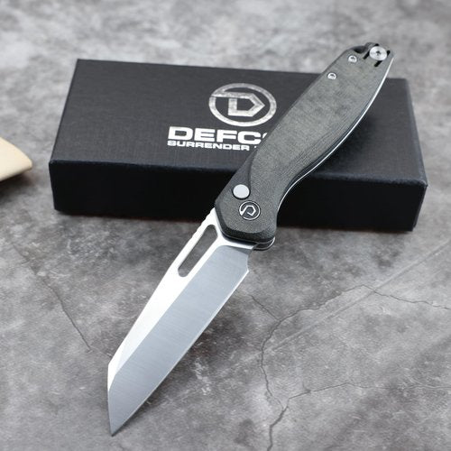 DEFCON Pocket Folding Knife- Button Lock with Thumb Hole Opener, 3" 14C28N Blade, Composite Handle, Utility Knife for Men Women Gift -TD020 WARHAWK- (Black Canvas Micarta)