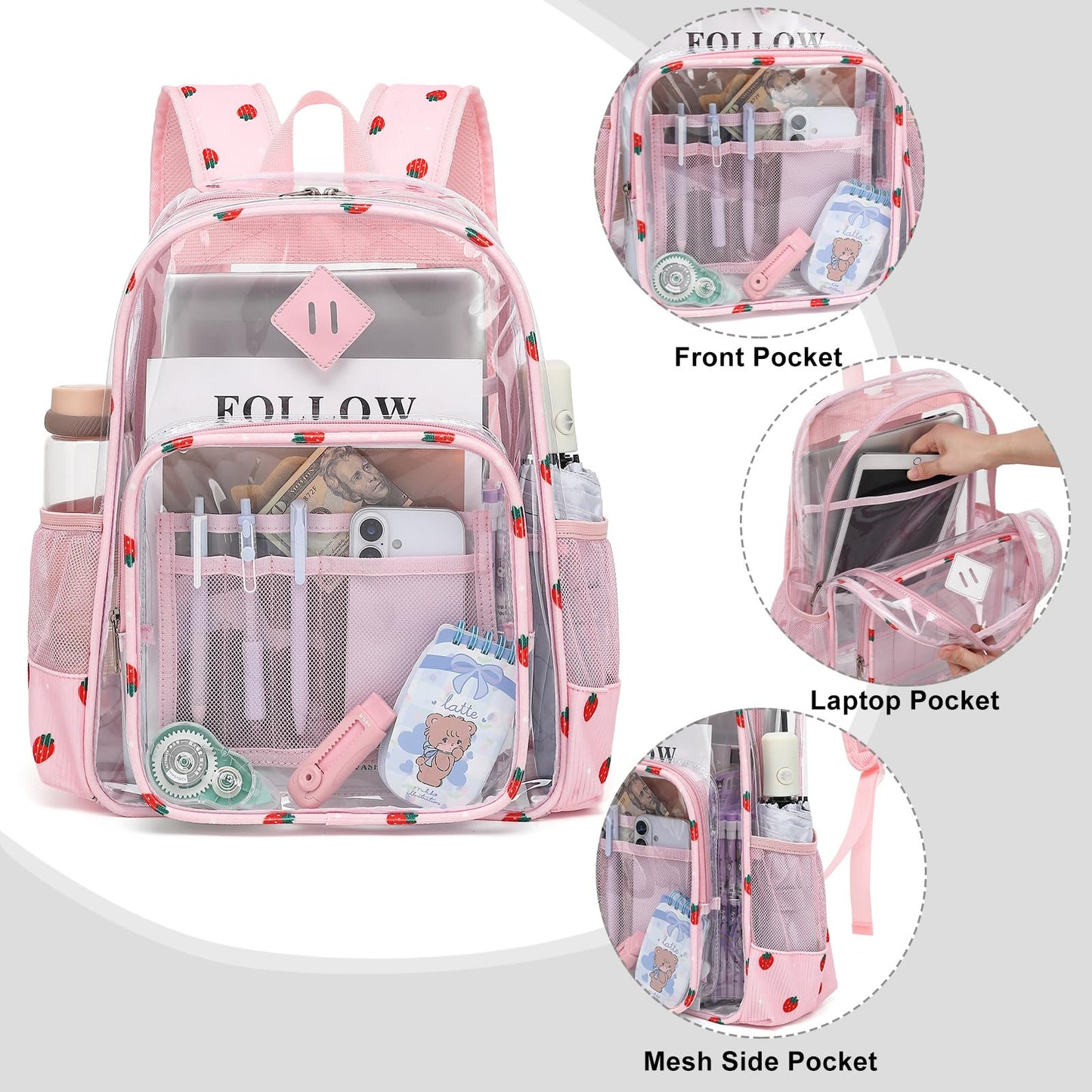 Xunteny Clear Backpack for Girls Women School Bookbag Heavy Duty Transparent Backpacks (Pink Corduroy Strawberry)