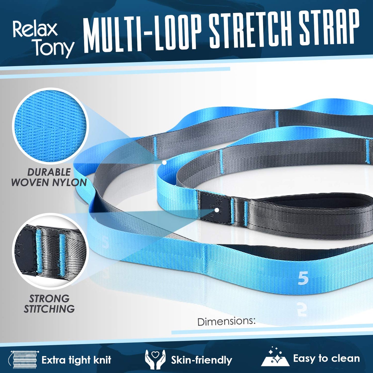 Relax Tony Yoga Stretching Strap | 12 Loops Non-Elastic Stretching Yoga Strap | Stretching Band for Physical Therapy, Home Workout Exercises, Pilates & Dance | Includes Carrying Bag & Workout Guide