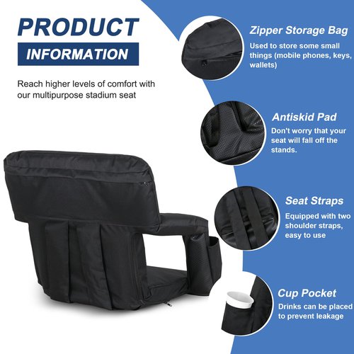 Nova Microdermabrasion 20.5"/25" Wide Stadium Seat for Bleachers w/Back Support Padded Cushion Portable Reclining Bleacher Seats Camping Stadium Chair Waterproof Black
