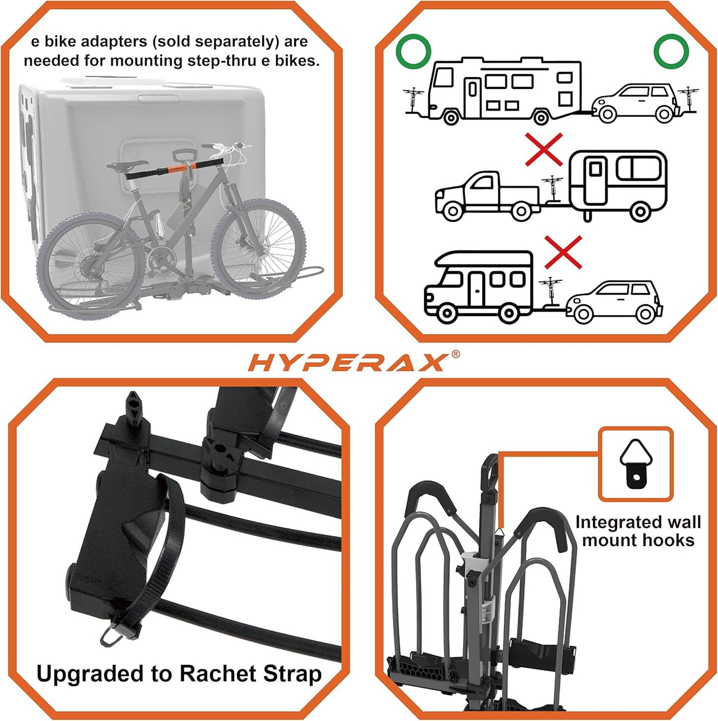 HYPERAX Volt RV -RV Approved Hitch Mounted 2 E Bike Rack Carrier for RV,Camper,Motorhome,Trailer,Toad with 2" Tow Hitch Receivers - Up to 2X 70lbs eBikes with Up to 5" Fat Tires