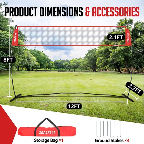 ZEALFEEL Volleyball Net, 12FT Volleyball Training Net Height Adjustable, Portable Freestanding Practice Net for Hitting or Serving Drills, Pop up Volley Ball Nets with Carry Bag for Backyard Outdoor