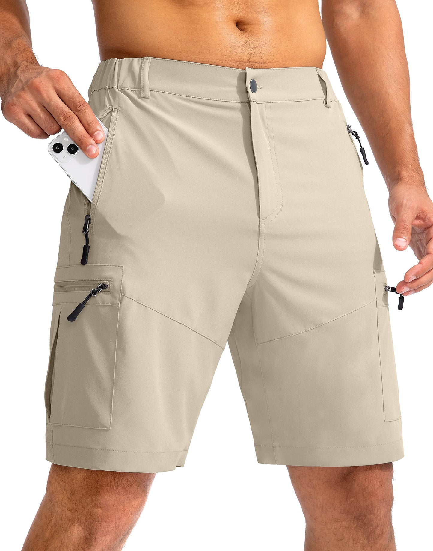 Pudolla Men's Hiking Cargo Shorts 9" Lightweight Outdoor Work Shorts for Men Travel Golf Camping Casual with 5 Zipper Pockets(Khaki Large)