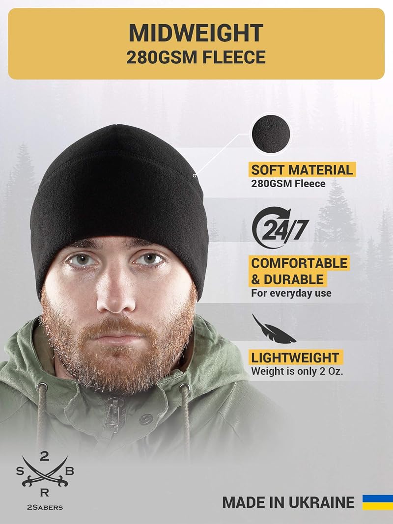 2SBR 2SABERS Fleece Winter Warm Beanie Hat for Men, Black Large