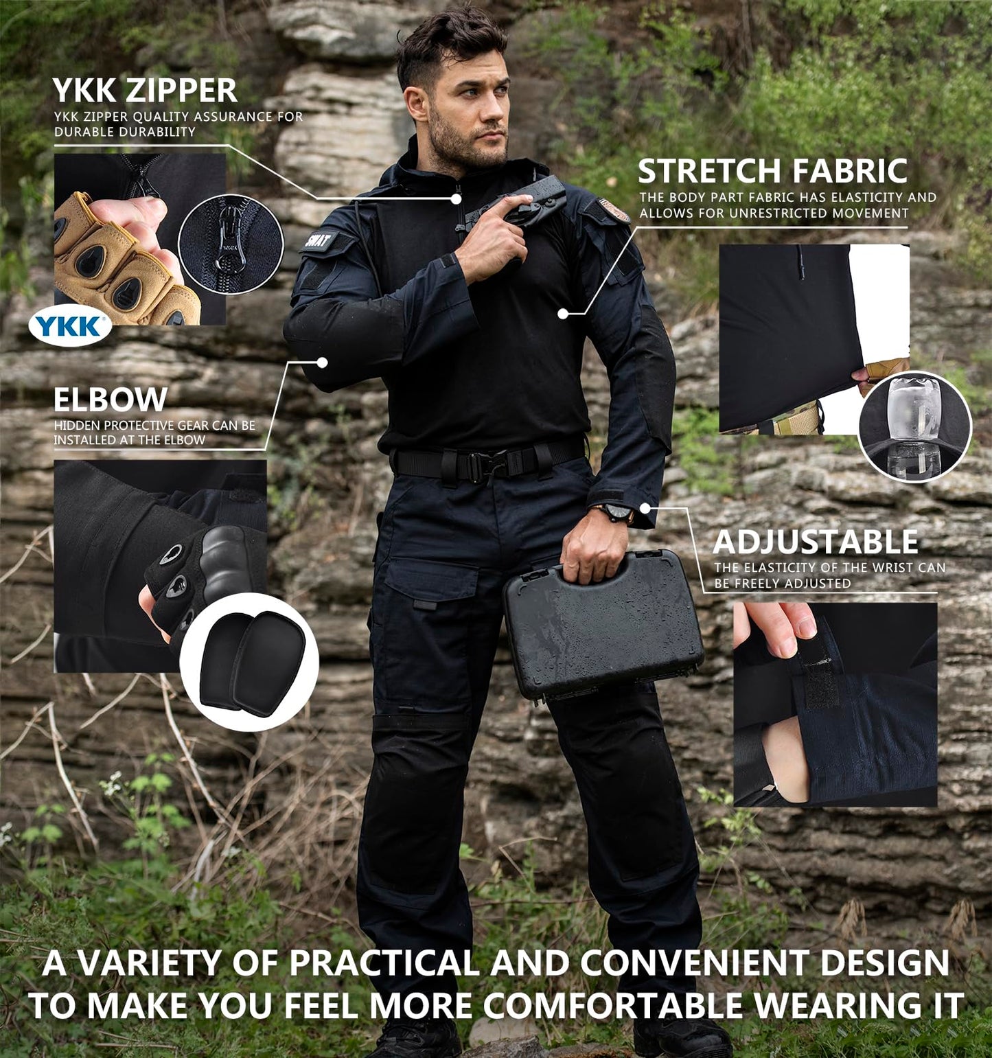 TACTICS ARMOR Tactical Shirt Men's Combat Shirt Tactical Military Camo Long Sleeve Suitable for Airsoft Paintball with Elbow Pads and Pockets