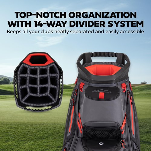 Sun Mountain 2025 C-130 14 Way Golf Bag with Full-Length Dividers and 11 Pockets for Ultimate Convenience - Lightweight Golf Cart Bag with Cart Strap Pass-Through for Golf Carts - Steel Black Red