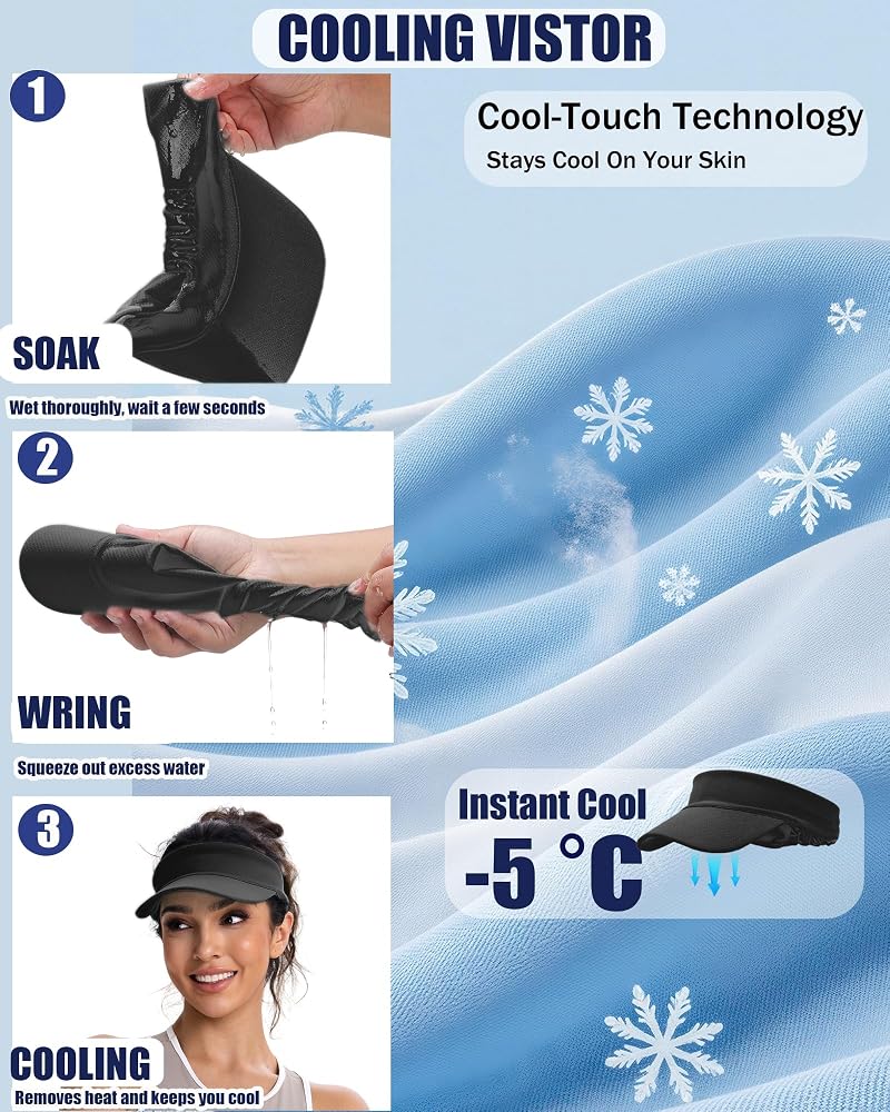 Cooling Stretchy Visor Hat - Sun Protection Headband with Quick-Dry, Black, Medium