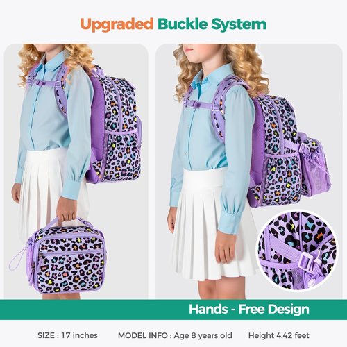 Choco Mocha Cheetah Backpack for Girls, Elementary School Backpack for Girls Ages 6-8 Kids Kindergarten Backpack Bookbag 17 Inch with Chest Strap, Purple