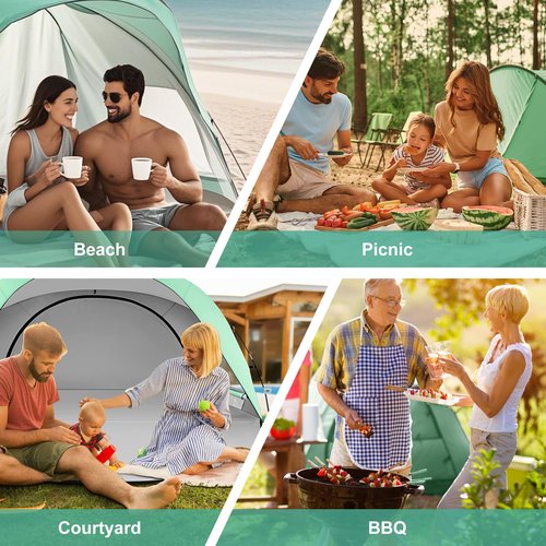 Beach Tent Sun Shelter 2-4 Person Easy Setup Canopy with UPF50+ UV Protection with 2 Zipper Doors（GN