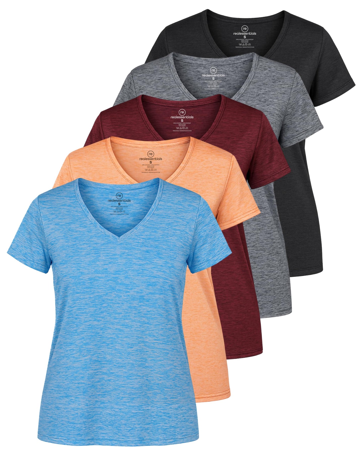 Real Essentials 5 Pack: Women's Dry-Fit Short Sleeve V Neck T Shirt Workout Fitness Yoga Top Tee, Set 2, M