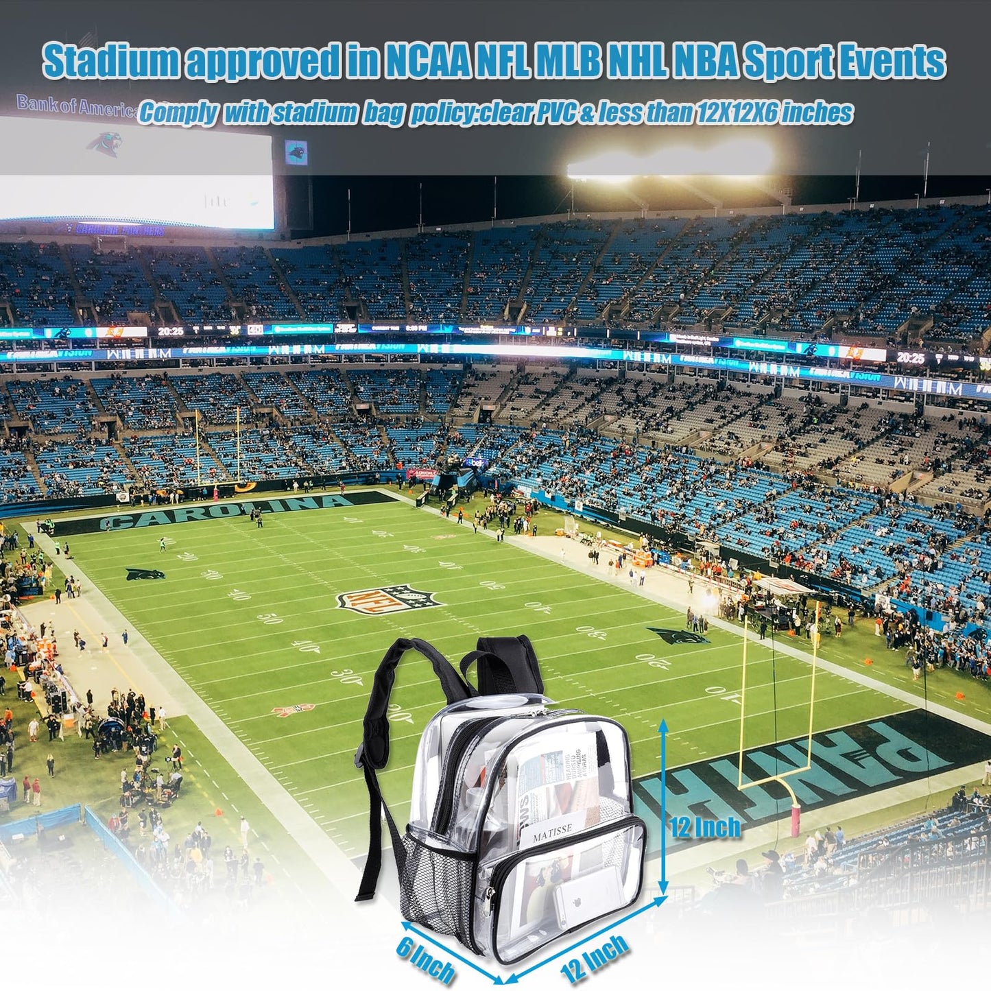 Crosstime Clear Backpack for Stadium Events 12x6x12, Stadium Approved Transparent Bag with Reinforced Straps for Sports, Games, Concerts, Festivals