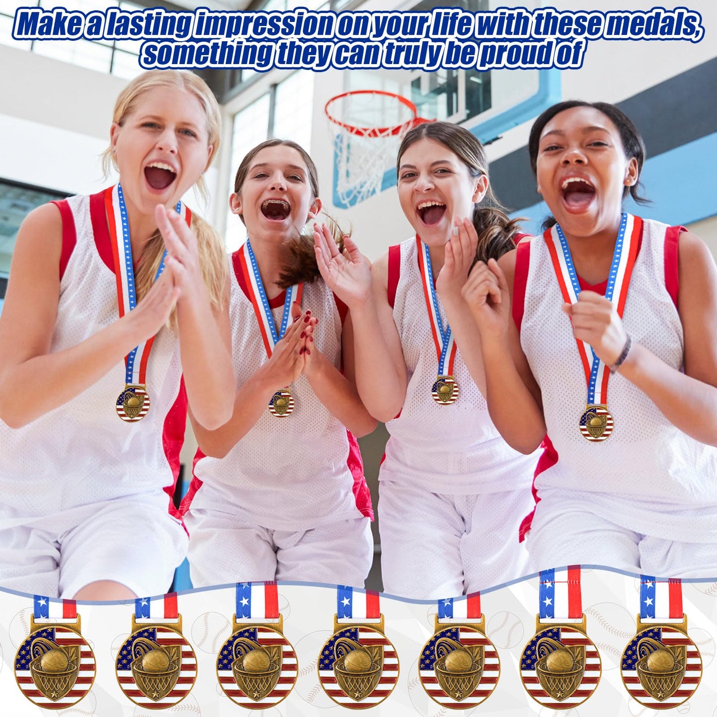 Loetere 30 Pieces Basketball Patriotic Medal Gold Medal Bulk Basketball Trophy with Neck Ribbon Spirit Medallion with Stars Stripes American Flag for Sports Trophy Participation Winner Gift