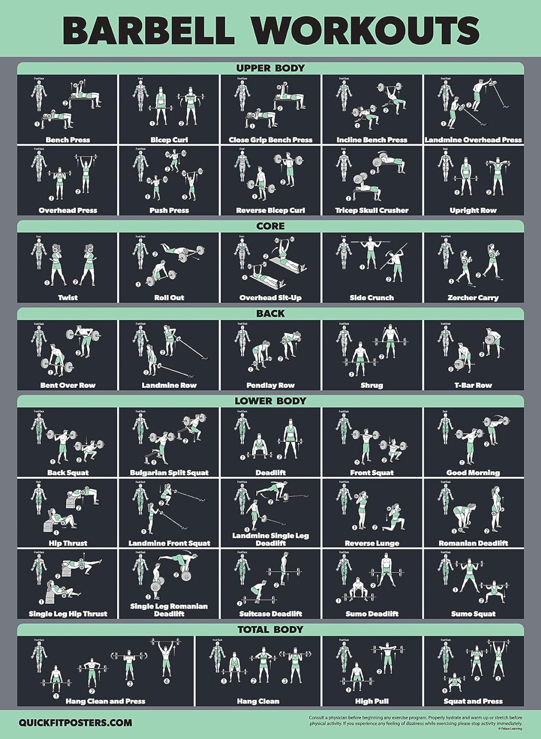 20 Pack - Exercise Poster Set: Dumbbell, Suspension, Battle Rope, Stretching, Bodyweight, Barbell, Yoga, Exercise Ball, Muscular, Kettlebell, Resistance Bands and More [Dark] (LAMINATED, 18” x 24”)