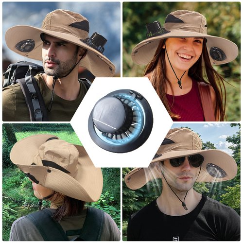 Solar Fan Hat, Solar Powered Fan Hat with 2 Solar, Wide Sun Hats for Men Women, Outdoor Hiking Camping with Fishing Hat Beige
