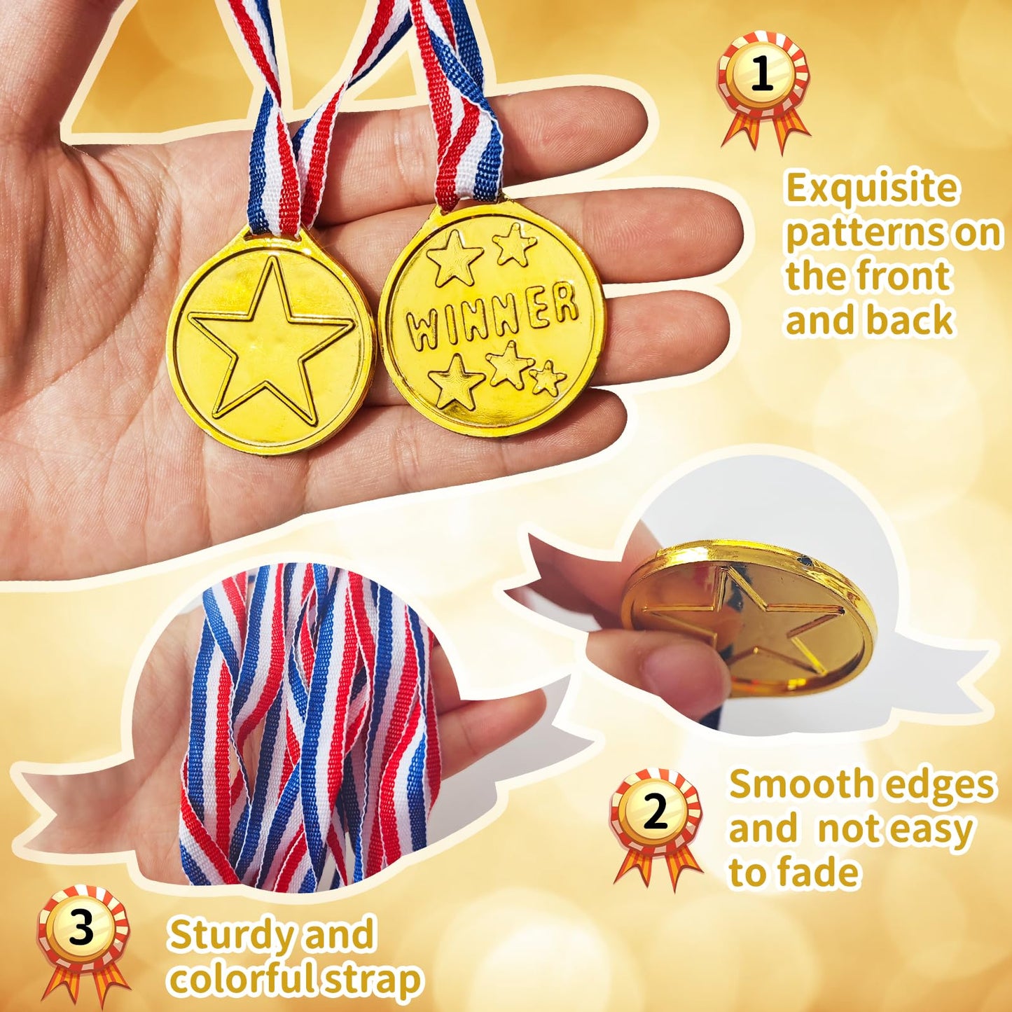 Jizvxe 50 Pieces Plastic Gold Winner Award Medals,Ribbon Necklaces Award Medals,Bulk Gold Competition Medal for Sports,Rewards,Games,Party Favors,Talent Show