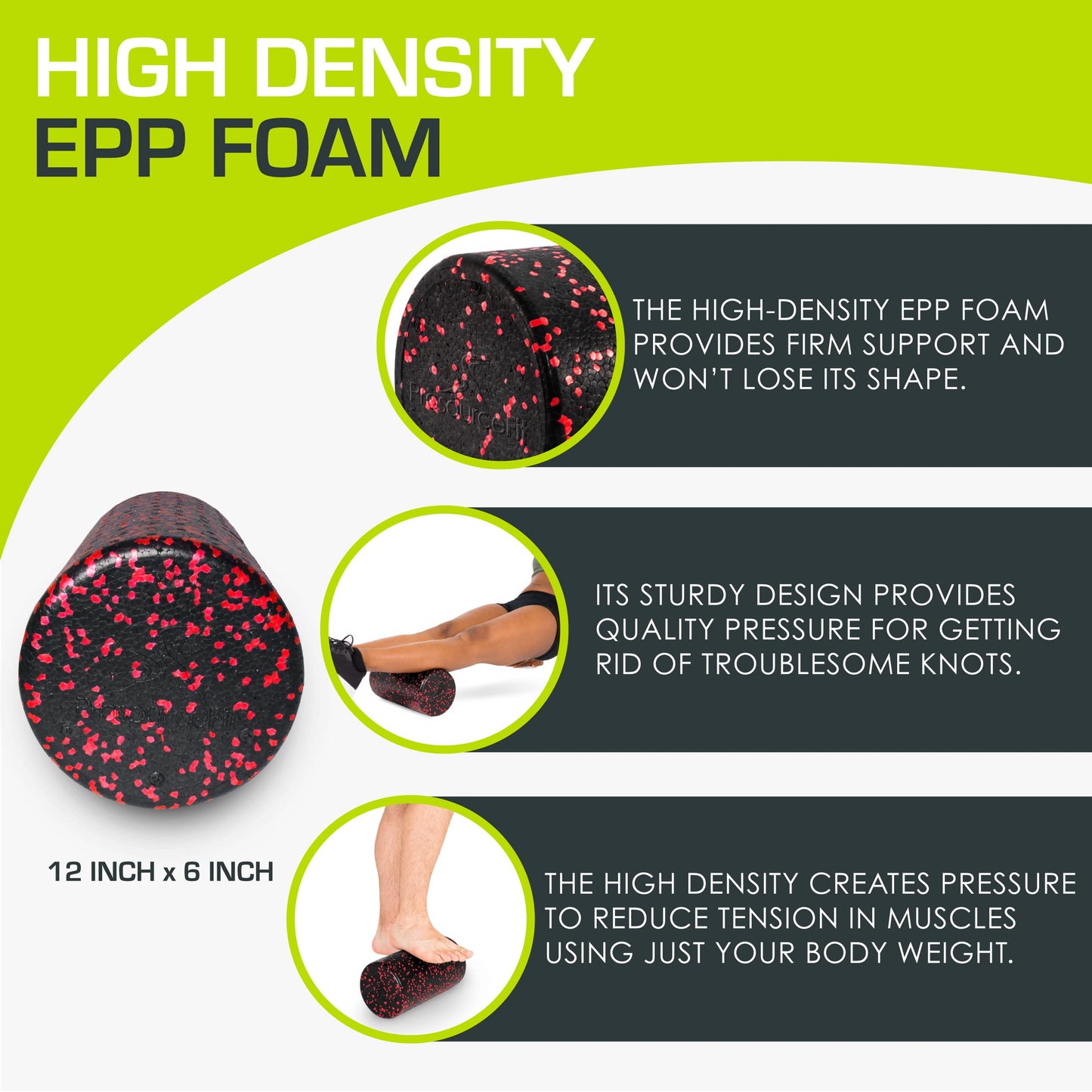 ProsourceFit High Density Foam Rollers 12 - inches Long, Firm Full Body Athletic Massage Tool for Back Stretching, Yoga, Pilates, Post Workout Muscle Recuperation, Black/Red (Pack of 12)