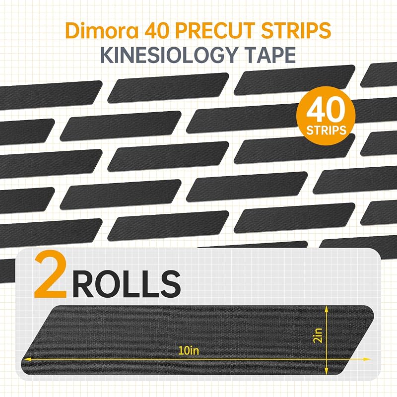 Dimora Kinesiology Tape, Precut 40 Strips on 2 Rolls, 10” Cotton Athletic Tape - Black (Variation: Black+2 Rolls)