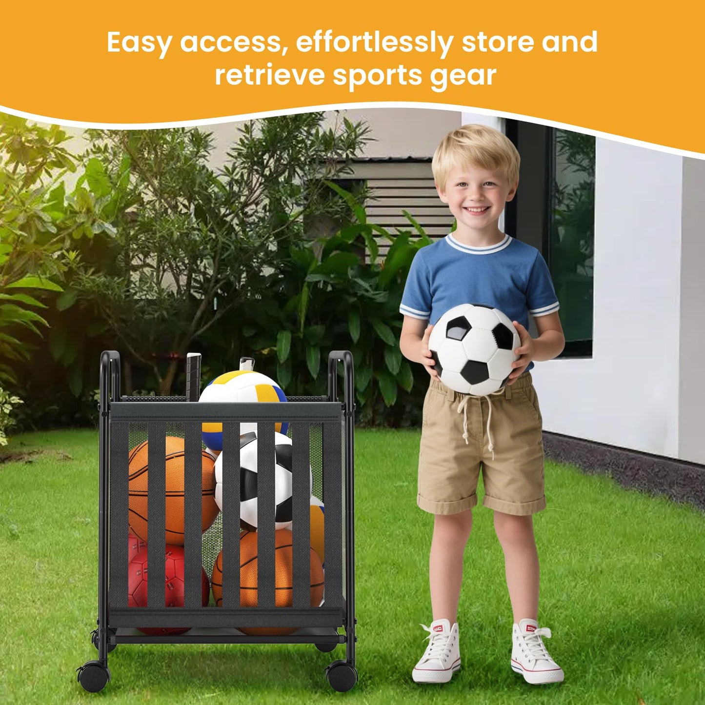 Ball Storage Bin Rolling Storage,Garage Sports Equipment Organizer,Outdoor Toy Box, Gym and Schools, Garage Organization,Can Store basketballs, Footballs and Sports Equipment.(Black)