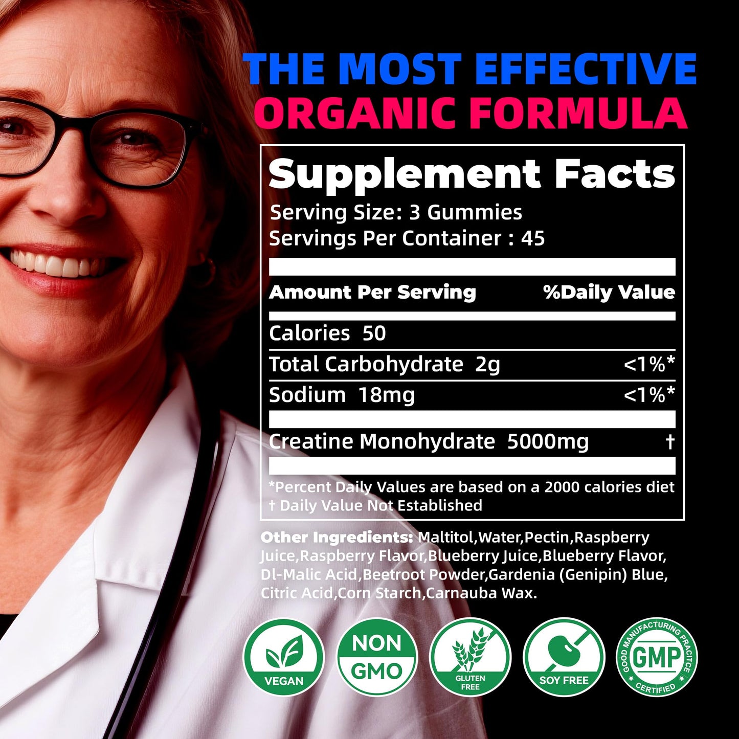 NSF Certified Creatine Gummy 5g - Creatine Monohydrate Gummies for Men & Women. Boost Focus,Strength, and Endurance, Anti-Melting Formula, Vegan, Gluten-Free, Non-GMO,(Raspberry & Blueberry 135 ct)