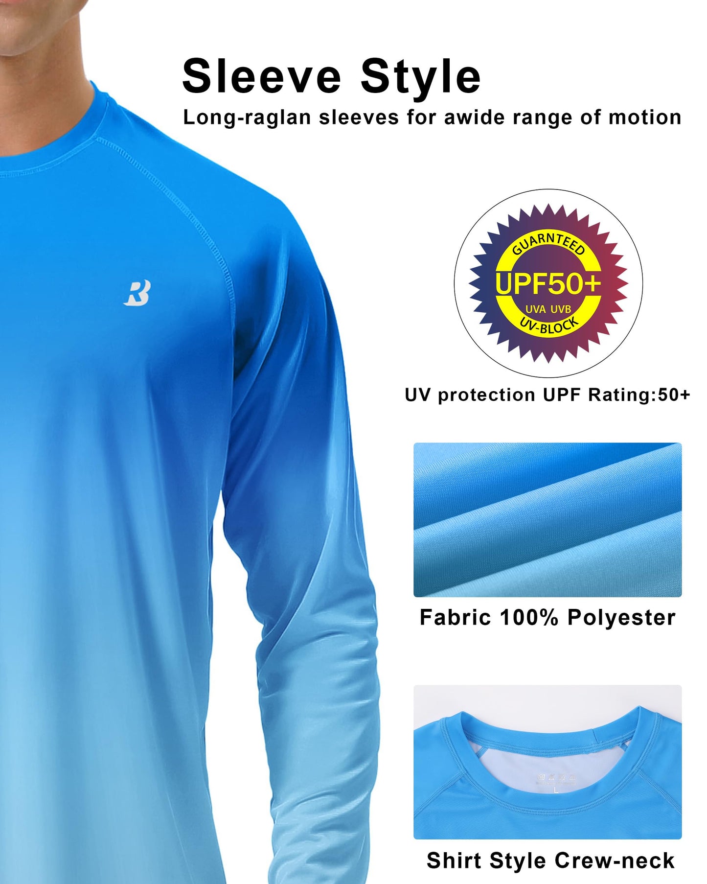 Roadbox Mens UPF 50+ Long Sleeve SPF Diving Rash Guard UV Sun Protection Shirts for Outdoor Fishing Hiking Swimming Running