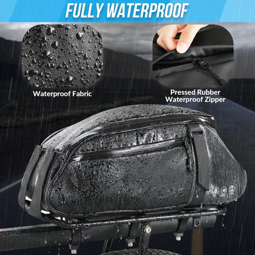 WOTOW Reflective Rear Rack Bag, Water Resistant Bike Saddle Panniers for Bicycles Ebike, 8L Trunk Cycling Back Seat Cargo Carrier Storage Pouch With Shoulder Strap for Travel Commute
