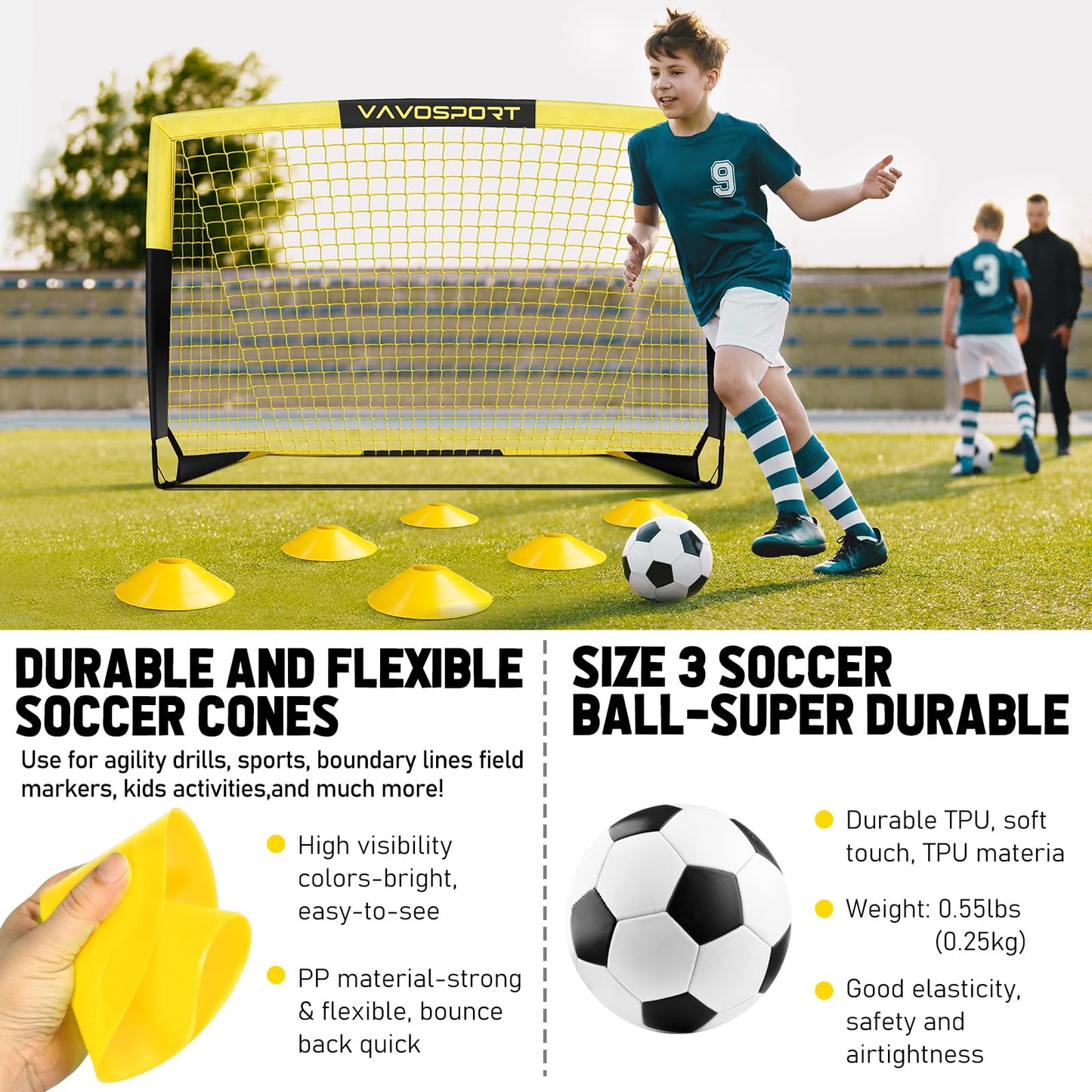 Kids Soccer Goal Set, 2 of 4x3 ft Soccer Goals for Backyard, Portable Pop Up Soccer Nets Training Equipment with Soccer Ball, Cones, Soccer Net for Family Kids Youth Outdoor Sports Games
