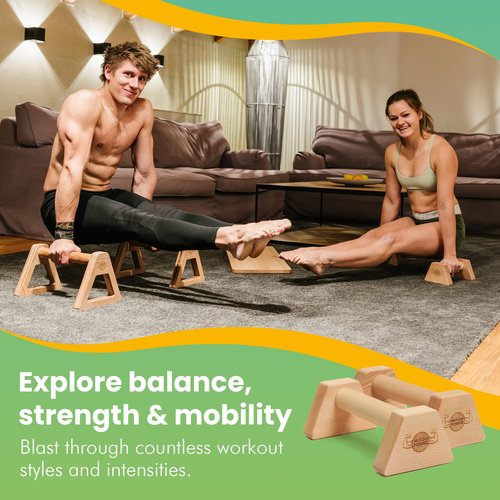 WOODPOWER® - PowerBars, Wooden Parallettes Push Up Bars, Joint-Friendly Beech Wood Calisthenics Equipment for Home, Durable Handstand Trainer Push Up Handles for Floors, XS, Set of 2 (Classic)