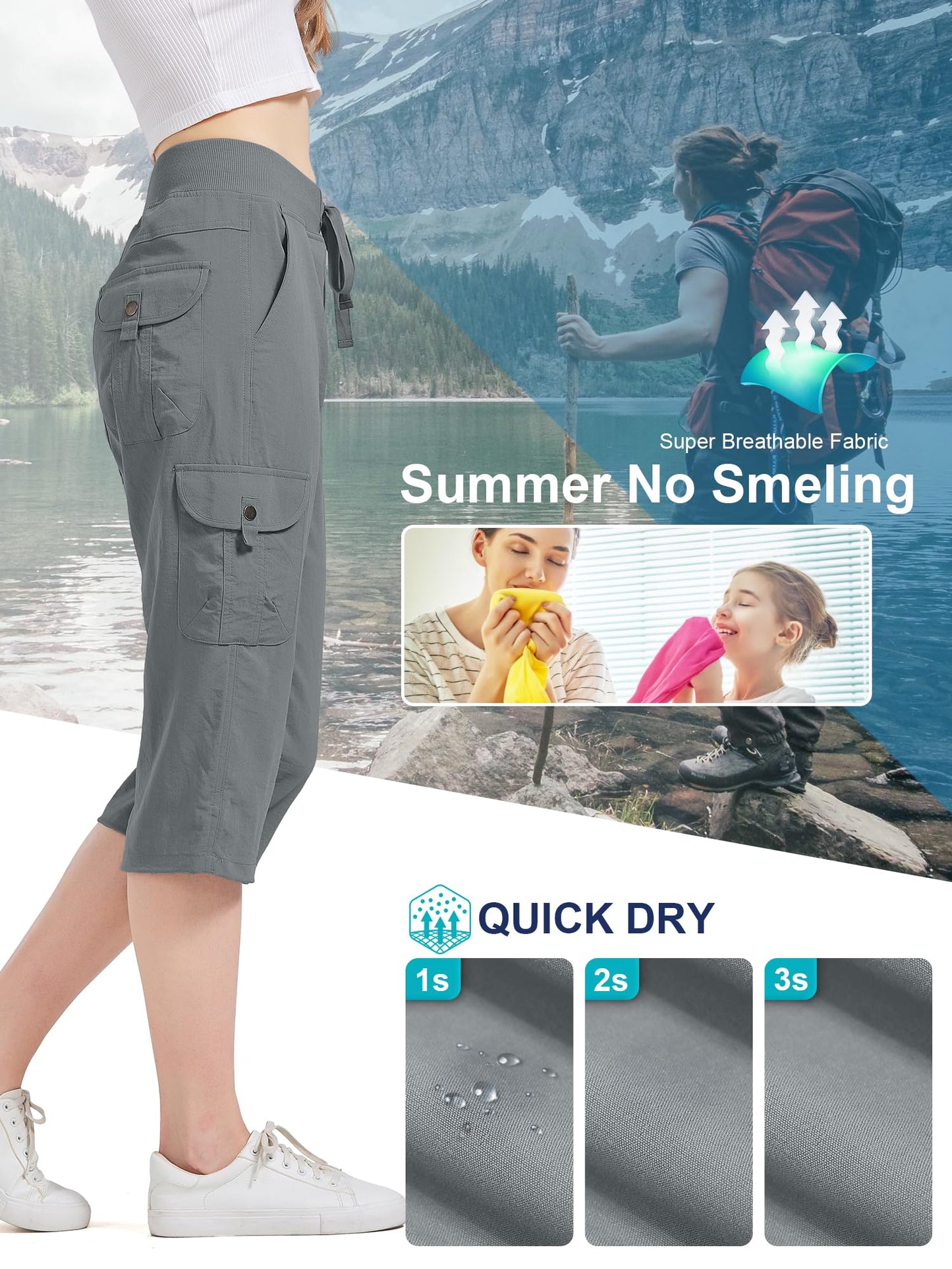 Toumett Women's Cargo Capris Hiking Pants Quick Dry Lightweight Athletic Outdoor Travel Loose Fit Casual Capris with Pockets(2032,Grey,L)
